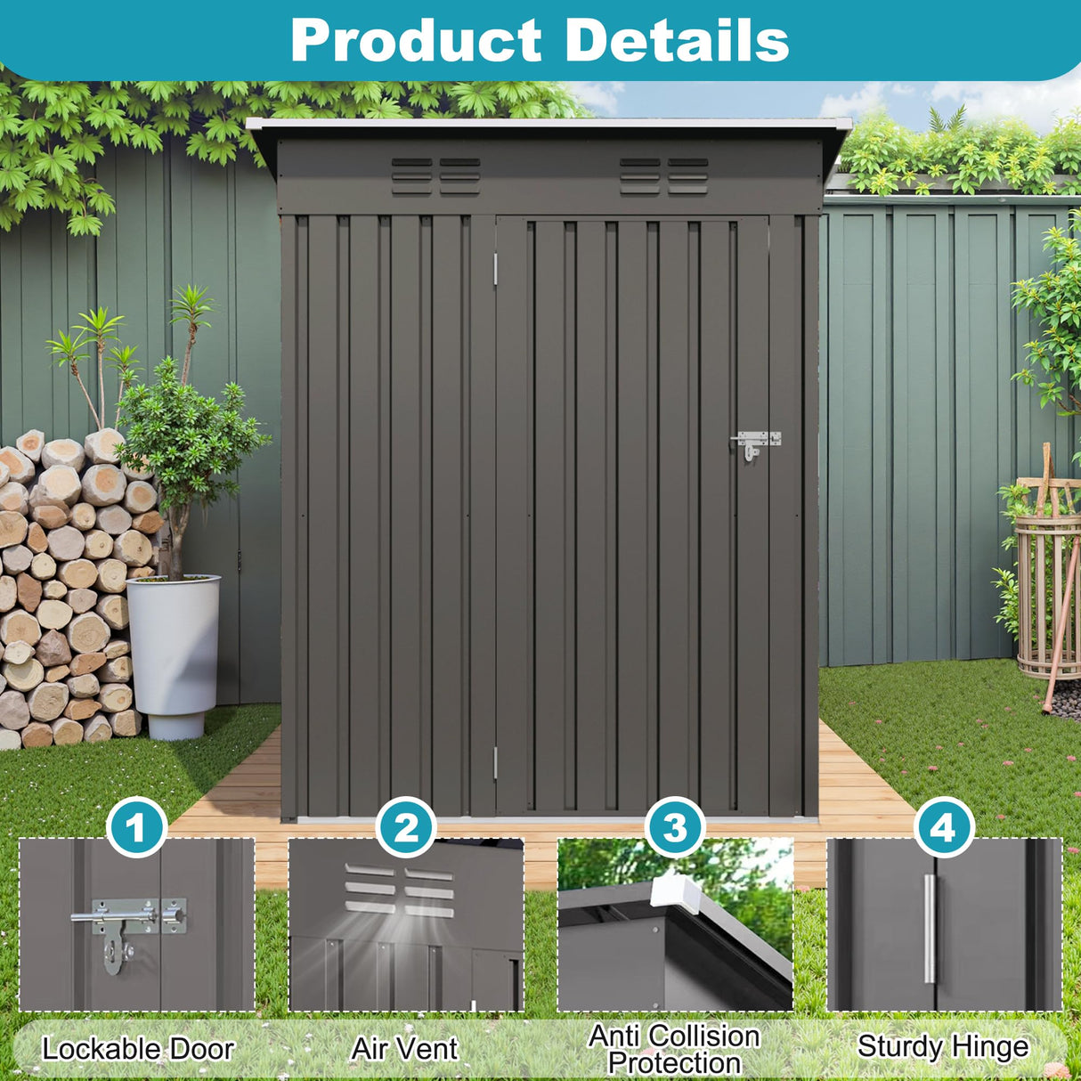 Lyngins 5X3 FT Outdoor Metal Storage Shed, Tool Shed with Pitched Roof and Lockable Door, Compact Garden Shed for Backyard Garden Patio Lawn, Gray Lyngins