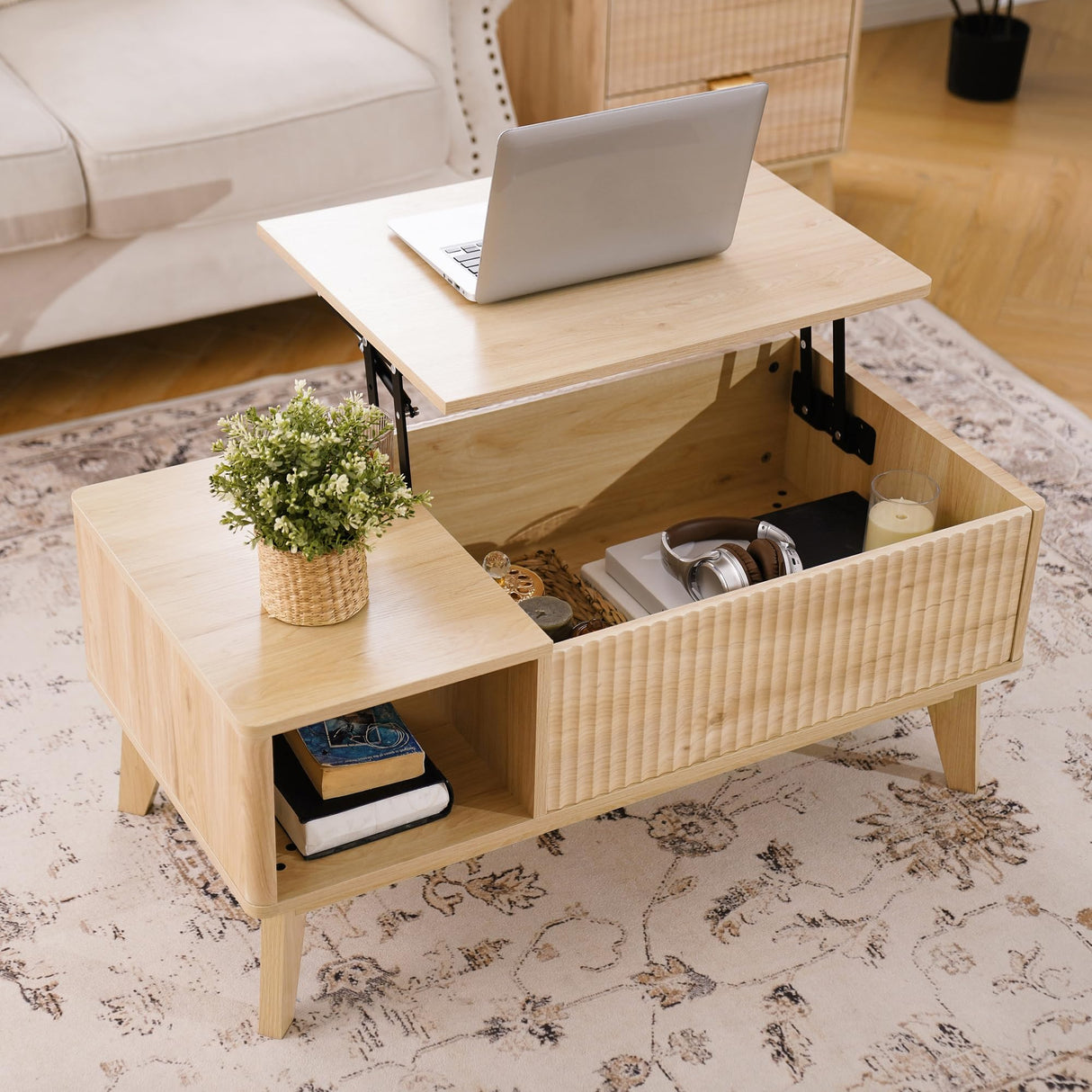 LYNCOHOME Fluted Lift Top Coffee Table with Hidden Compartment, Modern Center Table for Living Room, Home Office, Natural LYNCOHOME