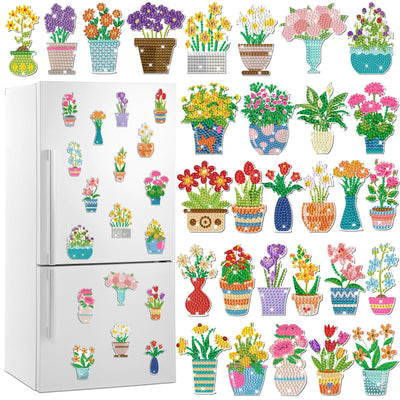 Xuhal 30 Pcs Flowers Diamond Painting Magnets Plant Diamond Art Magnet Kits for Adults Colorful Potted Floral Refrigerator Magnetic Sticker 5D Rhinestone Fridge Stickers for DIY Crafts Beginner Gifts
