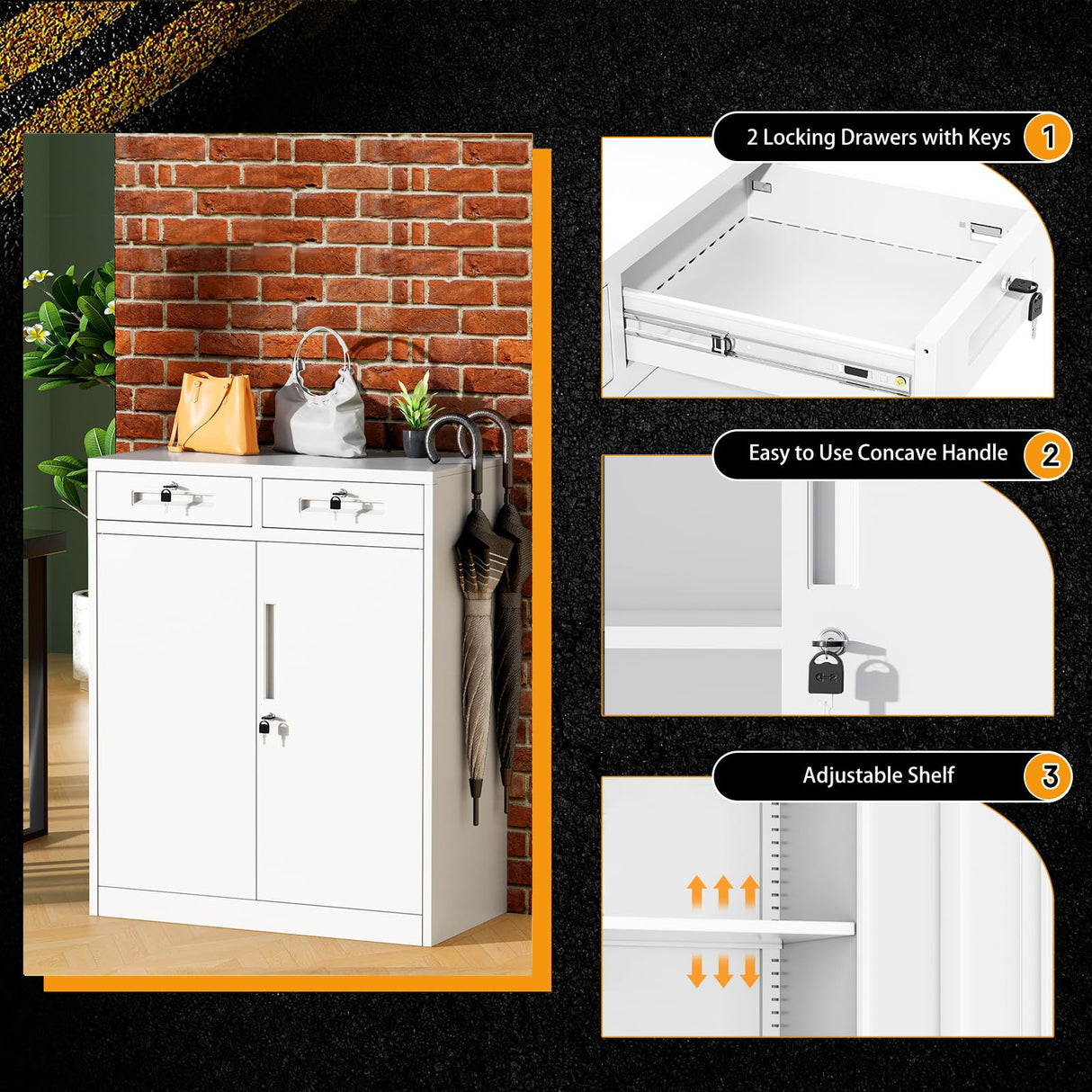 Greenvelly Metal Storage Cabinet with Drawers,42” White Cabinet Steel Garage Cabinet with 2 Doors and Adjustable Shelves, Lockable Storage Cabinet for Home Office, Garage, School, Apartment, Warehouse Greenvelly