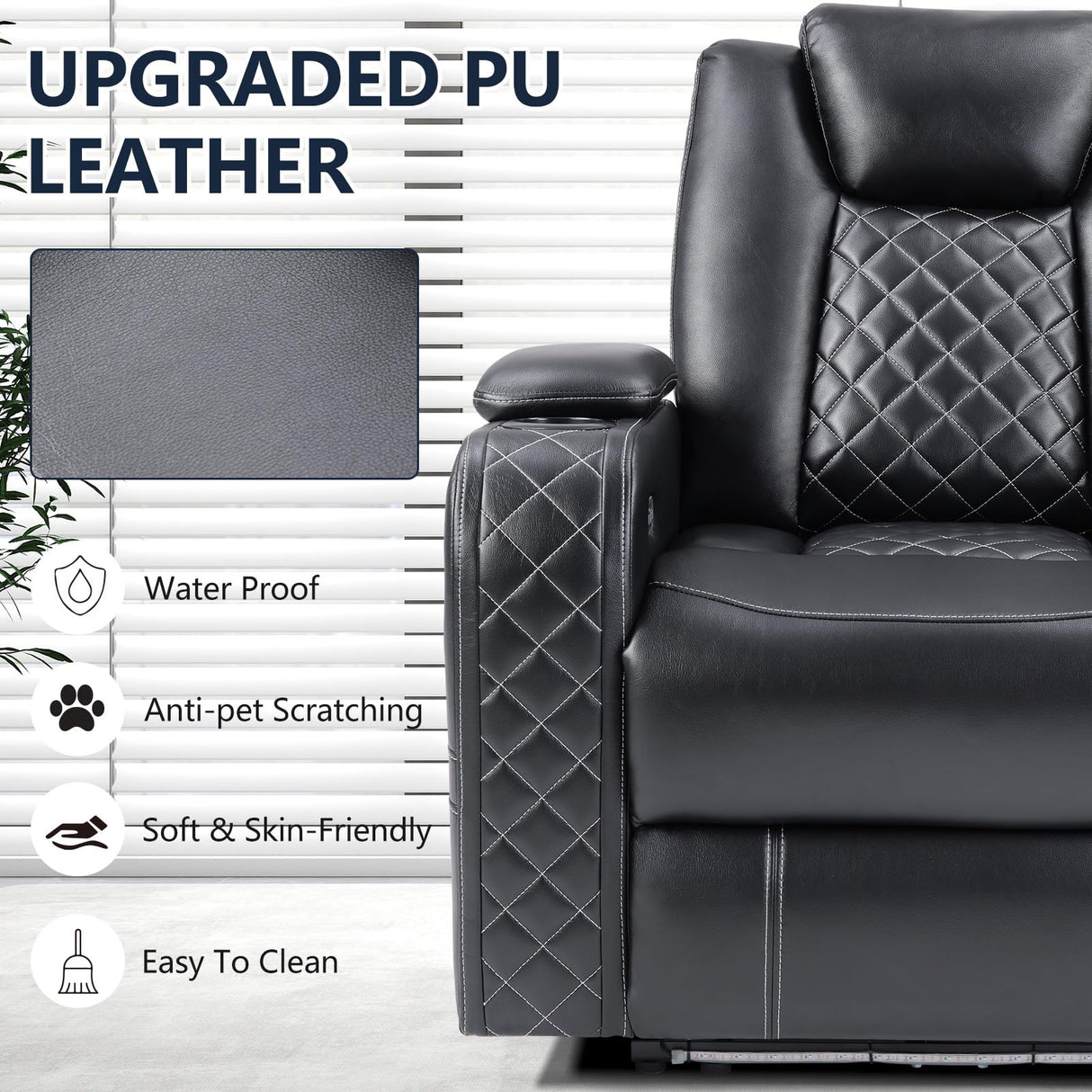 CANMOV Electric Power Recliner Chair with Adjustable Headrest,Breathable Faux Leather Home Theater Seating with Ambient Lighting,Cup Holders,Hidden Arm Storage,USB,Type-C Ports,Black CANMOV