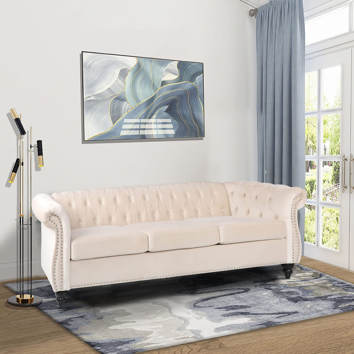 LEVNARY Velvet Chesterfield Sofa, Classic Tufted Upholstered Couch, Modern 3 Seater Couch Long Settee Furniture with Tufted Back for Living Room Office (Beige) LEVNARY