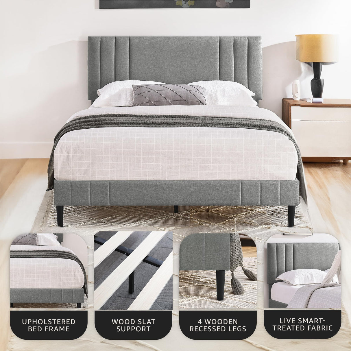 Decoro Chicago Modern Tufted Upholstered Platform Full Size Bed Frame, Full, Grey Decoro
