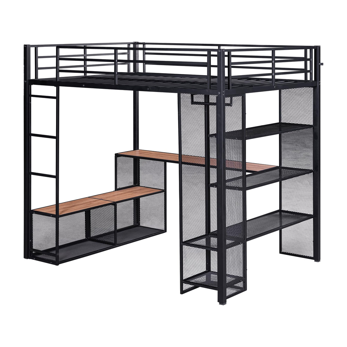 Harper & Bright Designs Full Size Loft Bed with Storage Shelve, Metal Full Loft Bed with Desk & Open Wardrobe, 12.8" H Safety Guardrail, No Box Spring Needed, Black Harper & Bright Designs