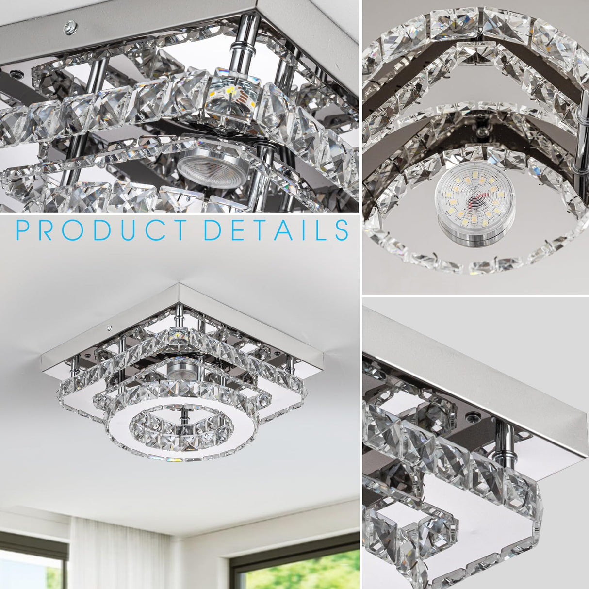 Crystal Ceiling Light Fixture LED Crystal Chandelier Kitchen Lights Ceiling Crystal Flush Mount Ceiling Light Small Bedroom Chandelier Modern Chandelier for Hallway Bathroom Entryway Chandelier Light DSLITING