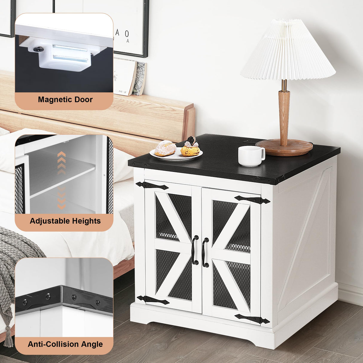 Decofy Farmhouse End Table with Storage Cabinet, 24" Large Sofa Side Table, Industrial Farmhouse Side Table for Living Room, Square Top with Power Outlet, Adjustable Shelves(White) Decofy