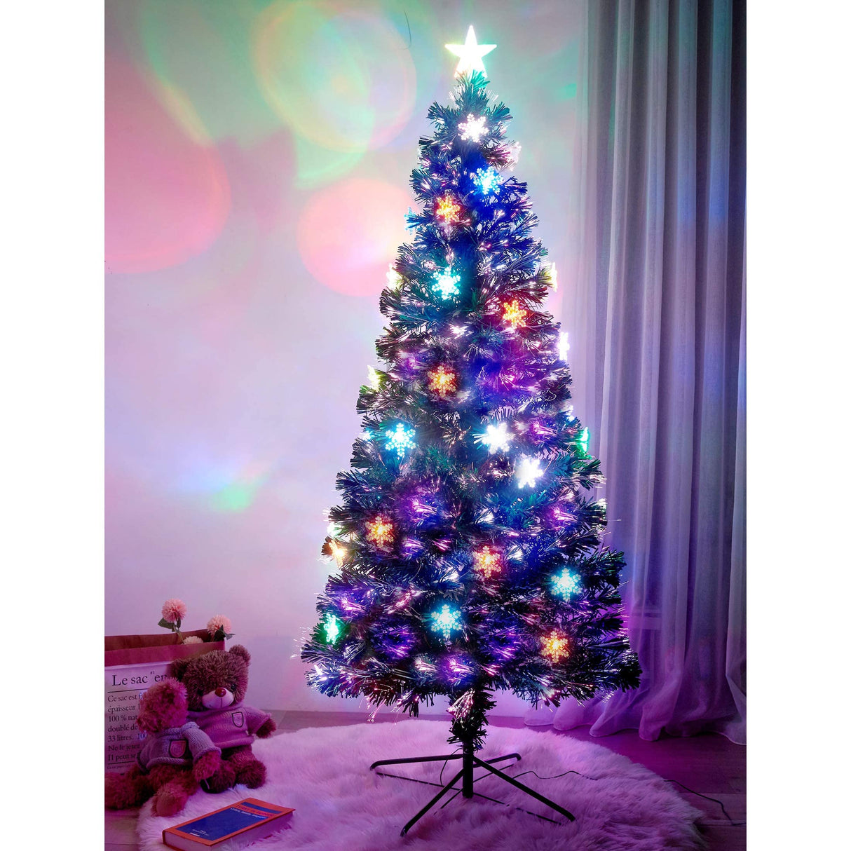 Juegoal 7 ft Pre-Lit Optical Fiber Christmas Artificial Tree, with LED RGB Color Changing Led Lights, Snowflakes and Top Star, Festive Party Holiday Fake Multicolor Xmas Tree with Sturdy Metal Legs Juegoal