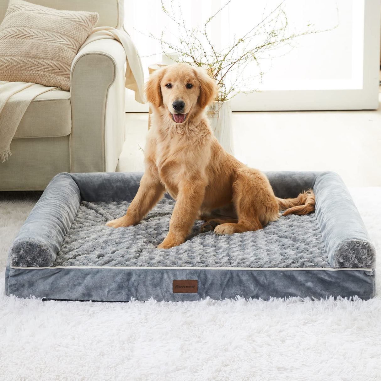 BFPETHOME Dog Beds for Large Dogs, Orthopedic Dog Bed for Medium Large Dogs, Egg- Foam Dog Crate Bed (L(36 * 27 * 6.5) Inch, Grey) BFPETHOME