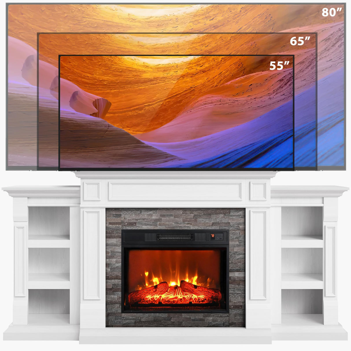 70" Electric Fireplace with Mantel, Fireplace TV Stand for TVs Up to 80 Inch, Modern Entertainment Center with Storage, Realistic Stacked Stone Surround with Remote Control for Living Room, Bedroom LGHM