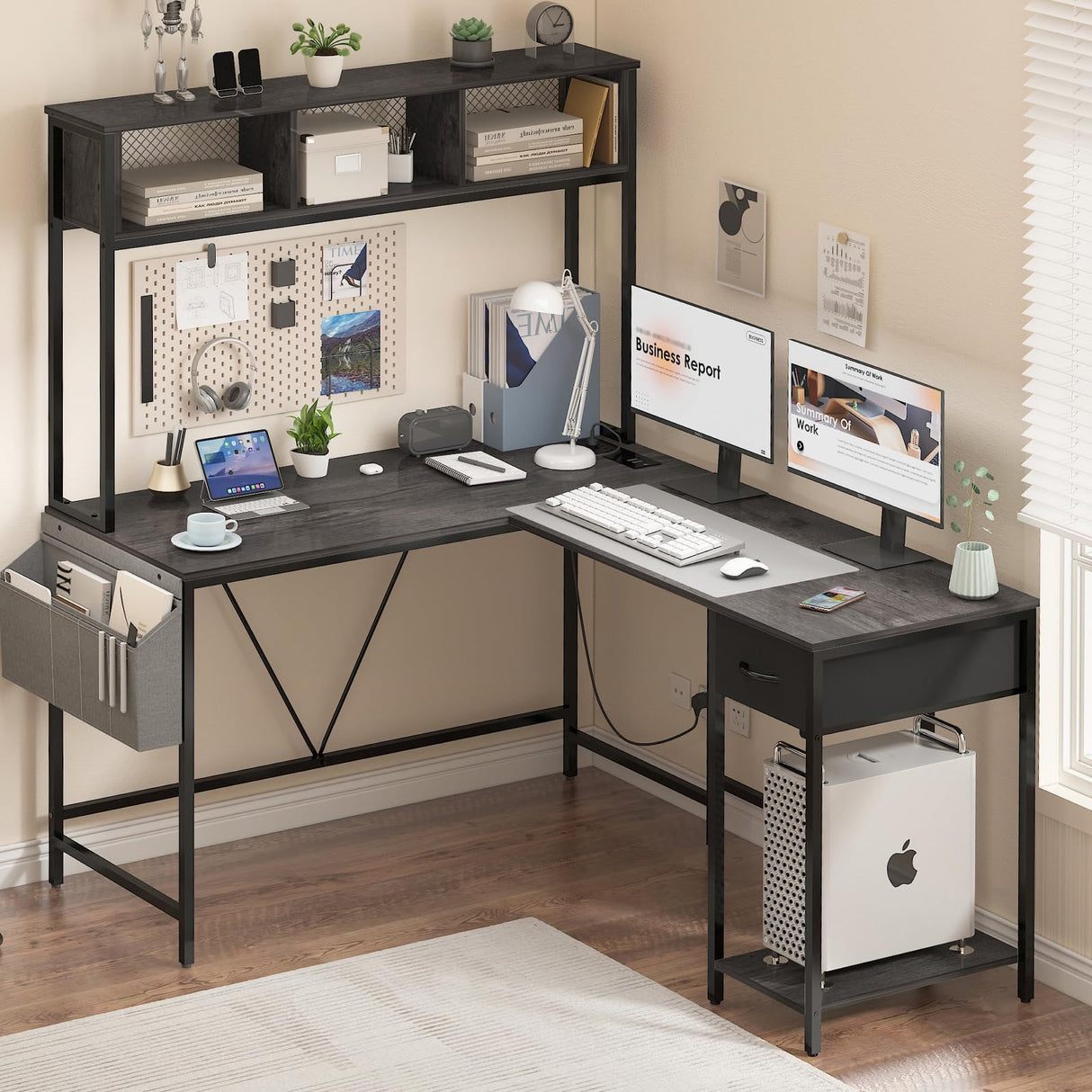 Yoobure L Shaped Desk Gaming Desk with LED Strip & Power Outlet, Reversible L-Shaped Computer Desk with Storage Shelf & Drawer, Corner Desk with Storage Bag, 2 Person Home Office Desk, Gray Yoobure