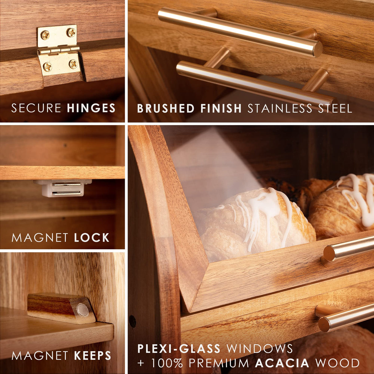 Arise Stylish Acacia Bread Box for Kitchen Countertop, Extra Large 2-Shelf Wooden Bread Storage Container with Clear Windows and Air Vents Keep Bread, Bagels and Rolls Fresh, Self Assembly Apace Living