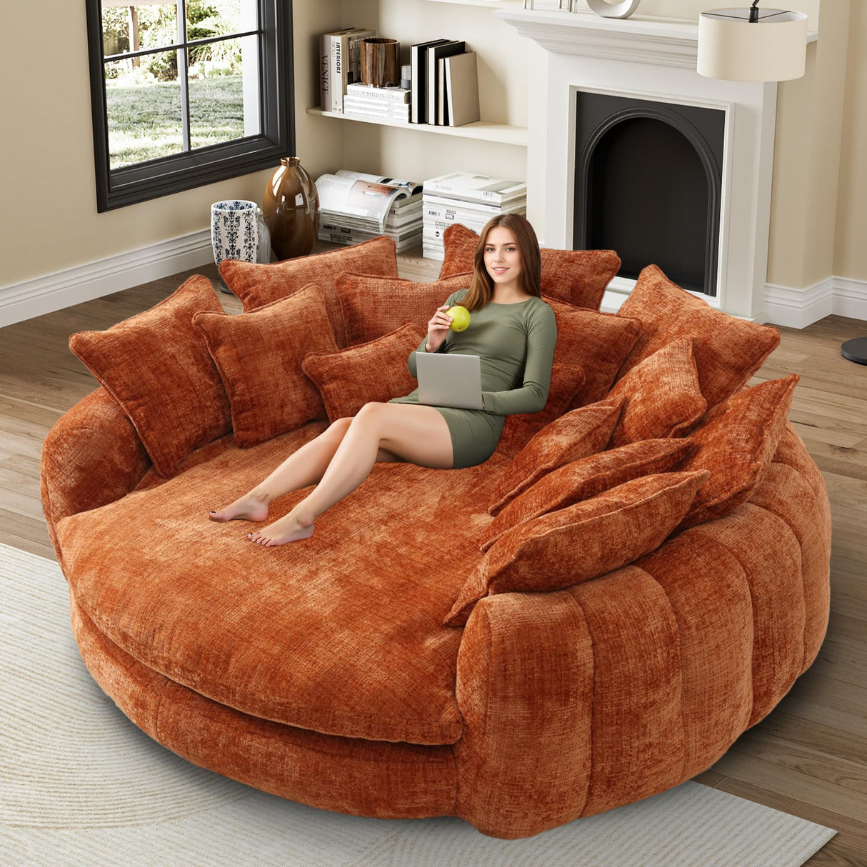 81” Oversized Upholstered Sofa Bed, Round Chaise Lounge Chair Indoor, Fluffy Plush Chaise Lounge, Modern Chenille Cloud Couch with Deep Seat, Comfy Bean Bag Chiar for Living Room Apartment, Orange BEQAI