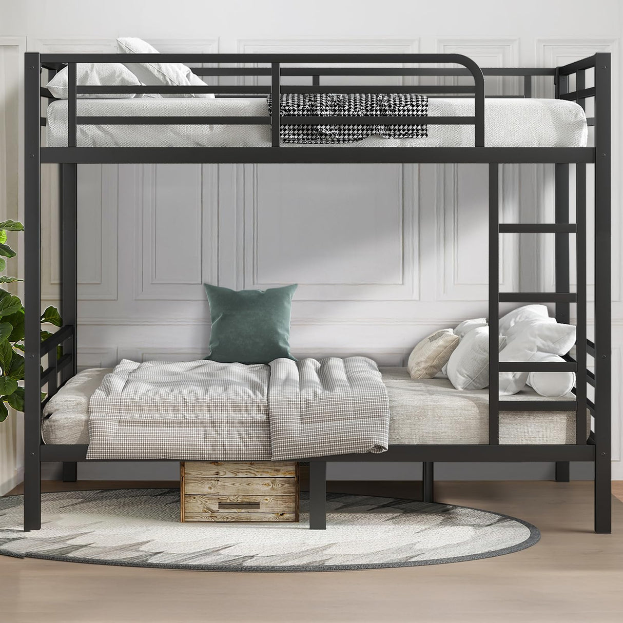 HKOLIE Full Over Full Bunk Bed, Metal Bunk Bed Frame Heavy Duty Bunk Beds Loft Bed Frame with Ladder and Guardrail Metal Slats No Box Spring Required for Adults Teens, Black HKOLIE