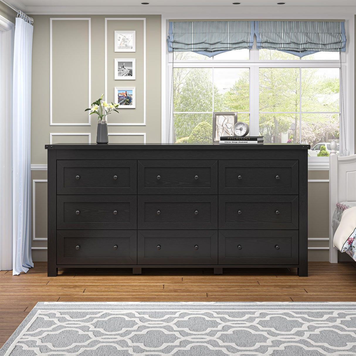 BORNOON 9-Drawer Dresser for Bedroom, Modern Wide Chest of Drawers, Wooden Storage Organizer for Closet, Living Room, Entryway, Home Office, Black Dresser with Ample Storage BORNOON