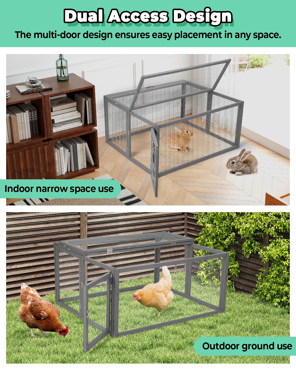 COZIWOW Chicken Coop Run Rabbit Hutch, Portable Chicken Cage Pens with Top & Side Opening Doors, Folding Wooden Chicken Coop, Outdoor Indoor Small Animal Playpen, Chicken Brooder Box, 45.3Inch (Grey) COZIWOW