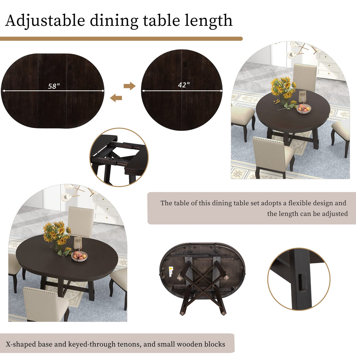 Harper & Bright Designs Round Kitchen Dining Table Set for 4, 5 Piece Farmhouse Wood Round Extendable Dining Table & 4 Upholstered Dining Chairs, Espresso (ST000074AAP-MZJ) Harper & Bright Designs