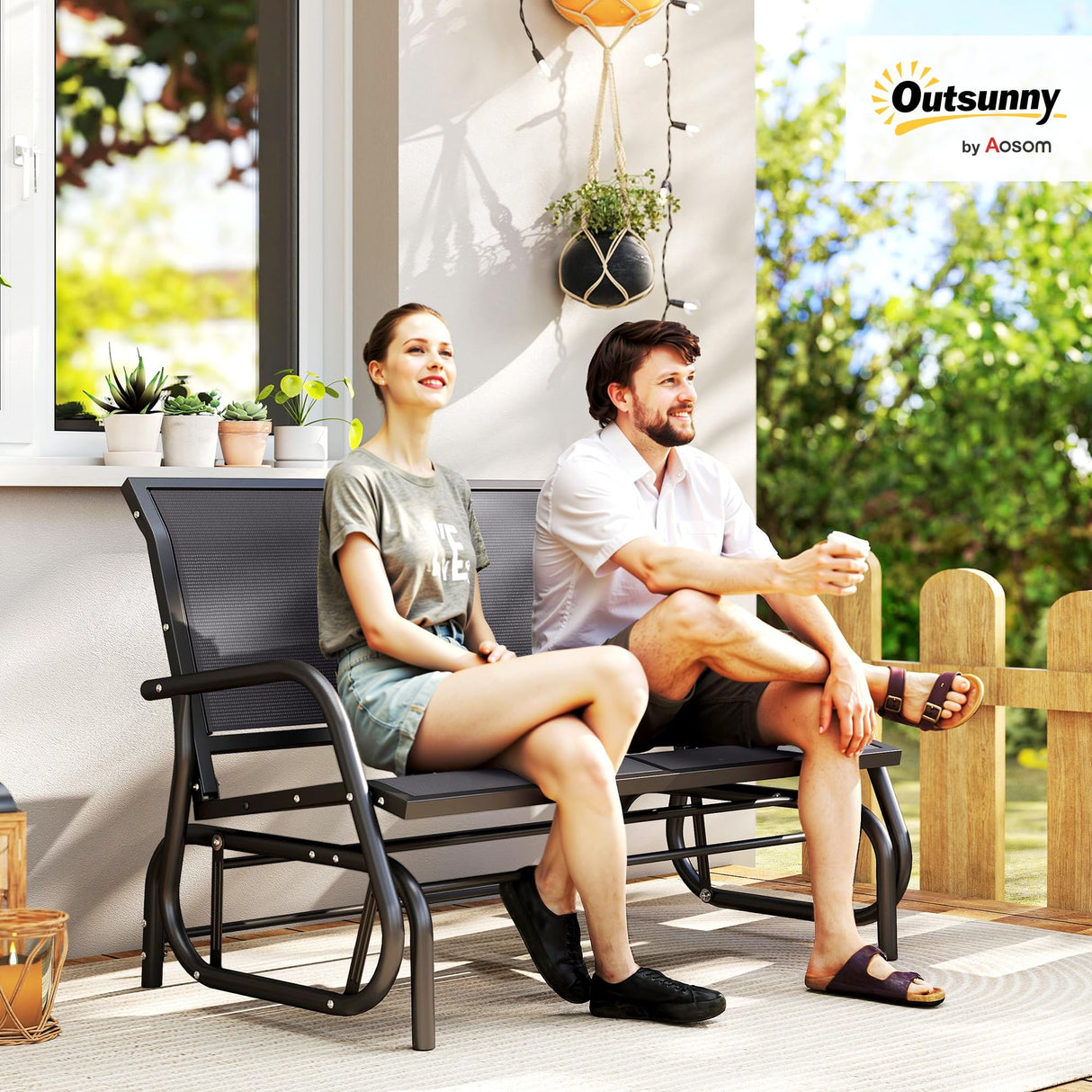 Outsunny 2-Person Outdoor Glider Bench, Patio Double Swing Rocking Chair Loveseat w/Powder Coated Steel Frame for Backyard Garden Porch, Gray Outsunny