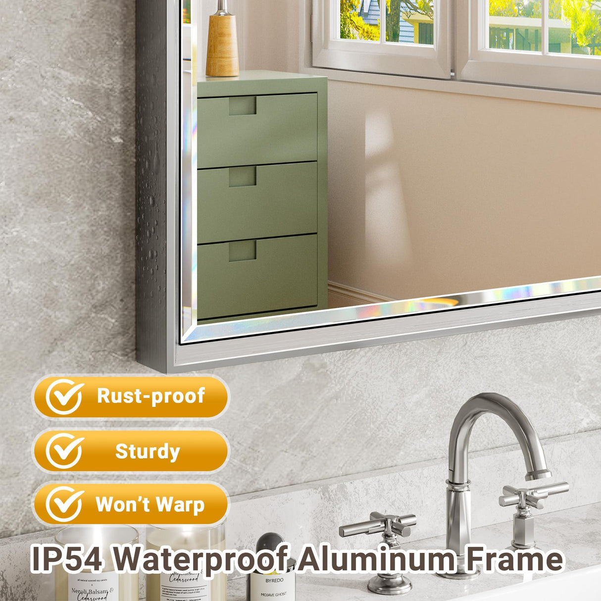 QueenFun 48 x 30 Silver Bathroom Mirror, Large Beveled Silver Bathroom Vanity Mirror, Shatterproof Silver Rectangle Mirror, Silver Metal Framed Mirror for Bathroom Wall, Anti-Rust(Vertical/Horizontal) QueenFun