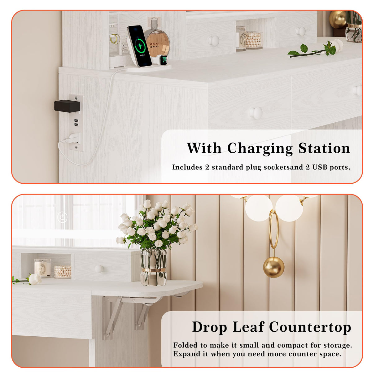 LIKIMIO Vanity Desk with Drawers & LED Lighted Mirror & Power Outlet & Cabinet, Storage Stool, Stylish Bedroom Makeup Table Set, White LIKIMIO