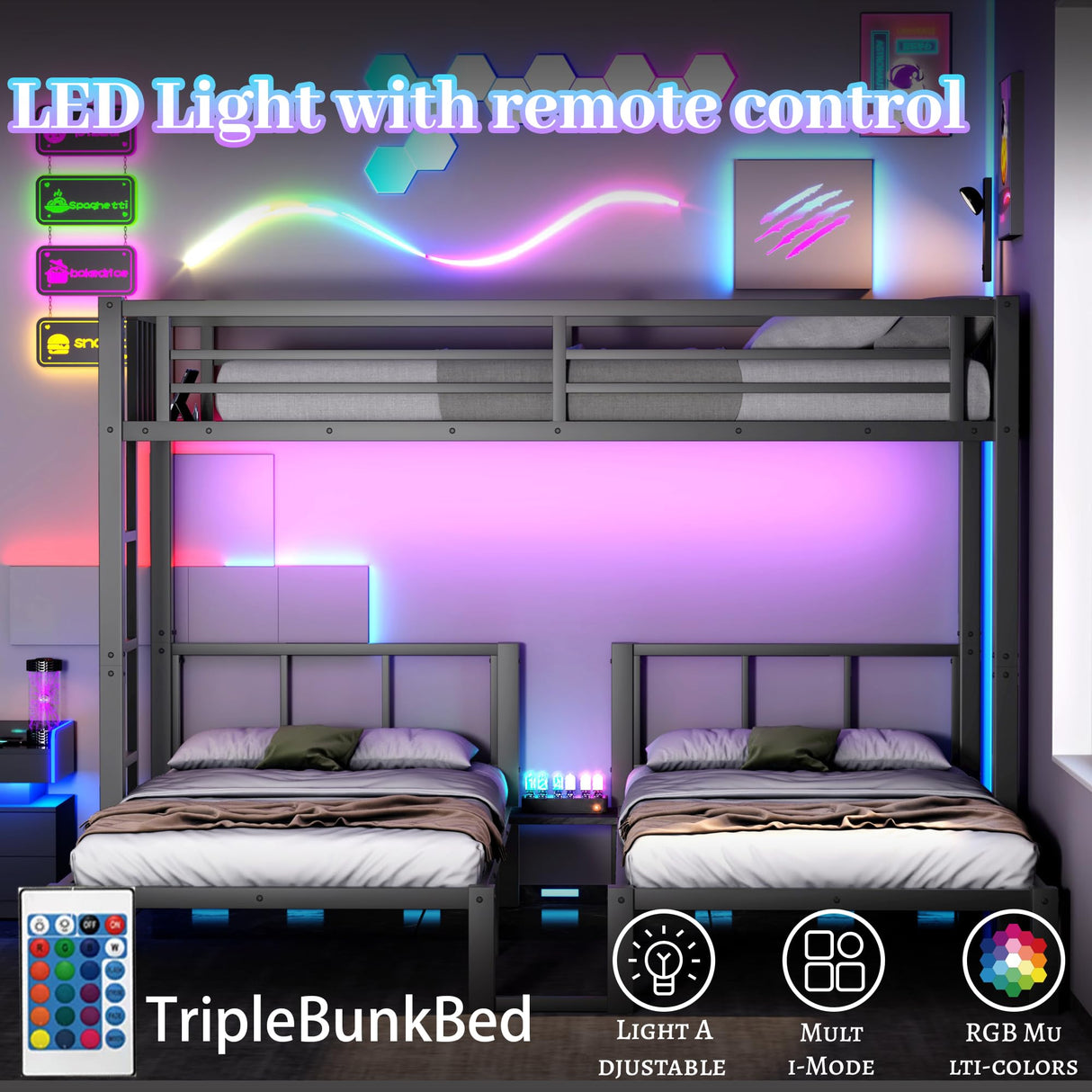 Aurnienofus Triple Bunk Bed Twin XL & Twin Over Twin with LED & Charging Station, Metal Detachable Bunk Bed for 3 Kids, Girls Boys Teens,Bunk Beds with Guardrails and Ladder, Black Aurnienofus