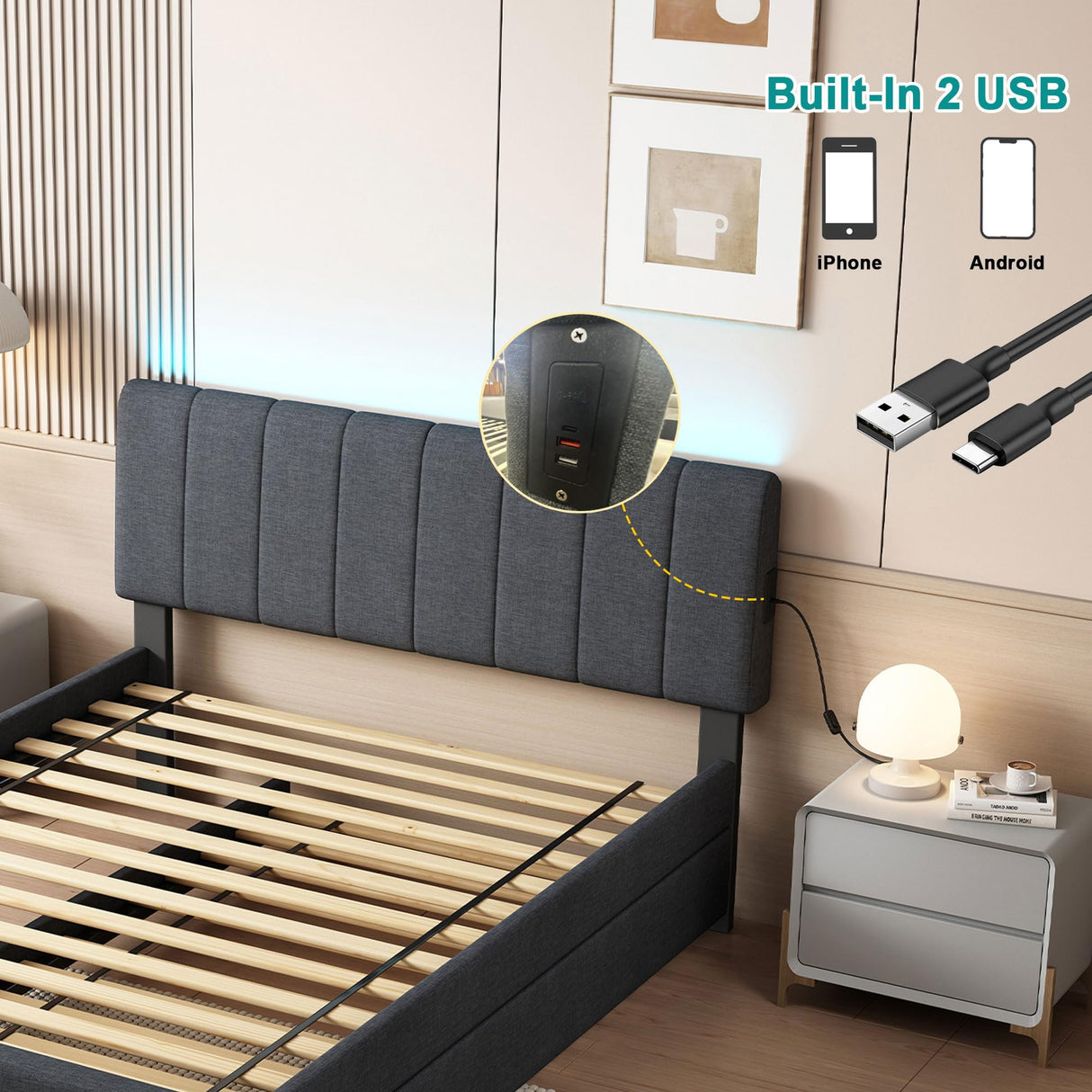 Ball & Cast Full Size Upholstered Platform Bed with Twin Size Trundle & USB Port,Linen Tufted Bed Frame W/Remote Control LED Light & Stripe Headboard,Wood Slats Support for Bedroom,Apartment,Dark Gray Ball & Cast