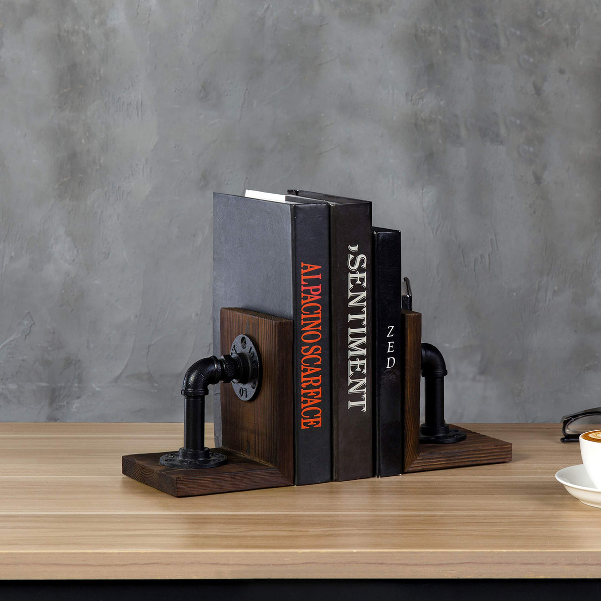 MyGift Dark Brown Industrial Pipe & Rustic Wood Bookends, Set of 2 MyGift