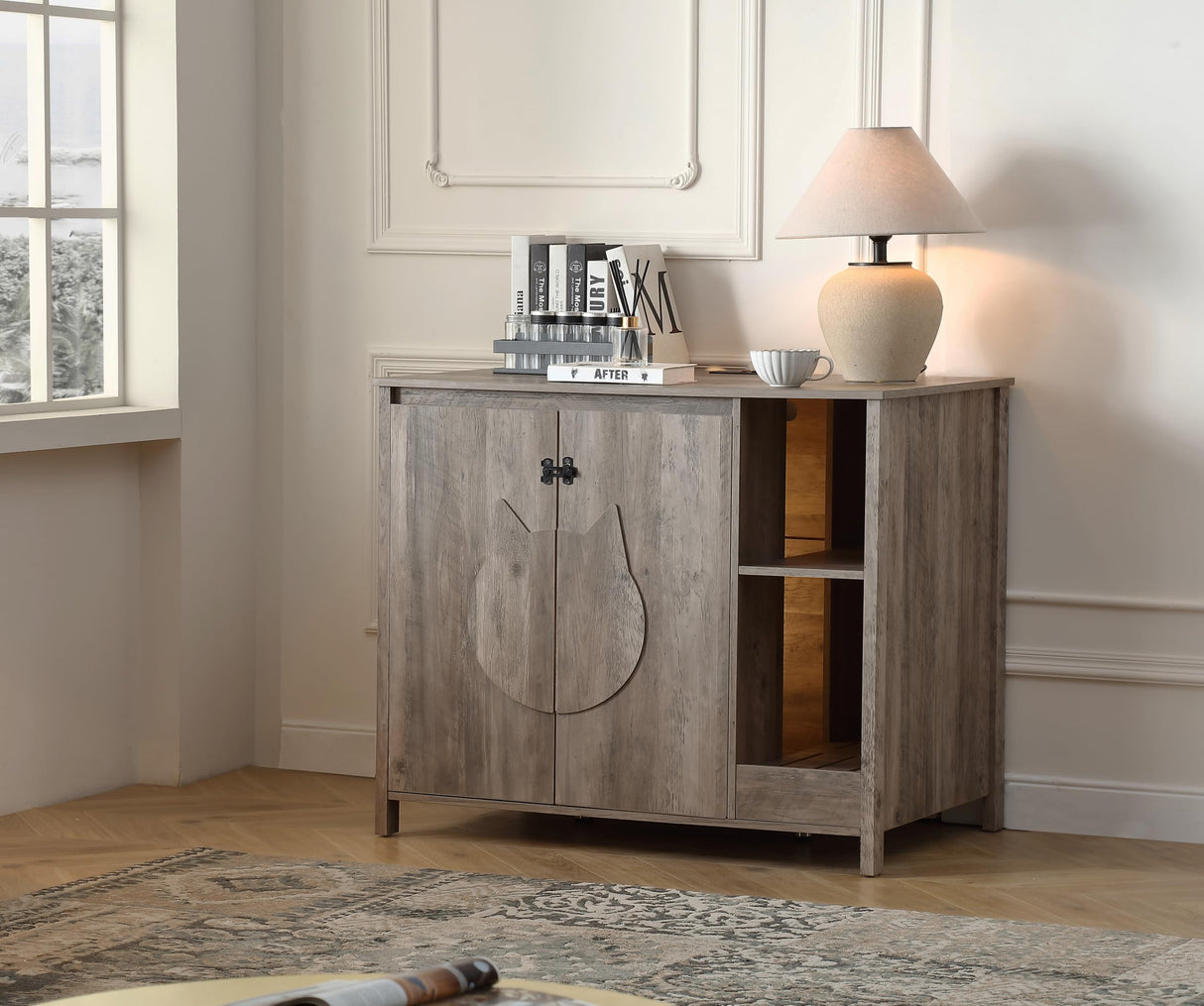 FOREST GRAVITY Cat-Faced Doors Cat Litter Robot Enclosure,Automatic Litter Box Enclosure for Litter Robot 3/4,Power Outlet for Litter Robot Cabinet,Litter Collector,Dog-Proof Adjustable Shelf,Grey FOREST GRAVITY