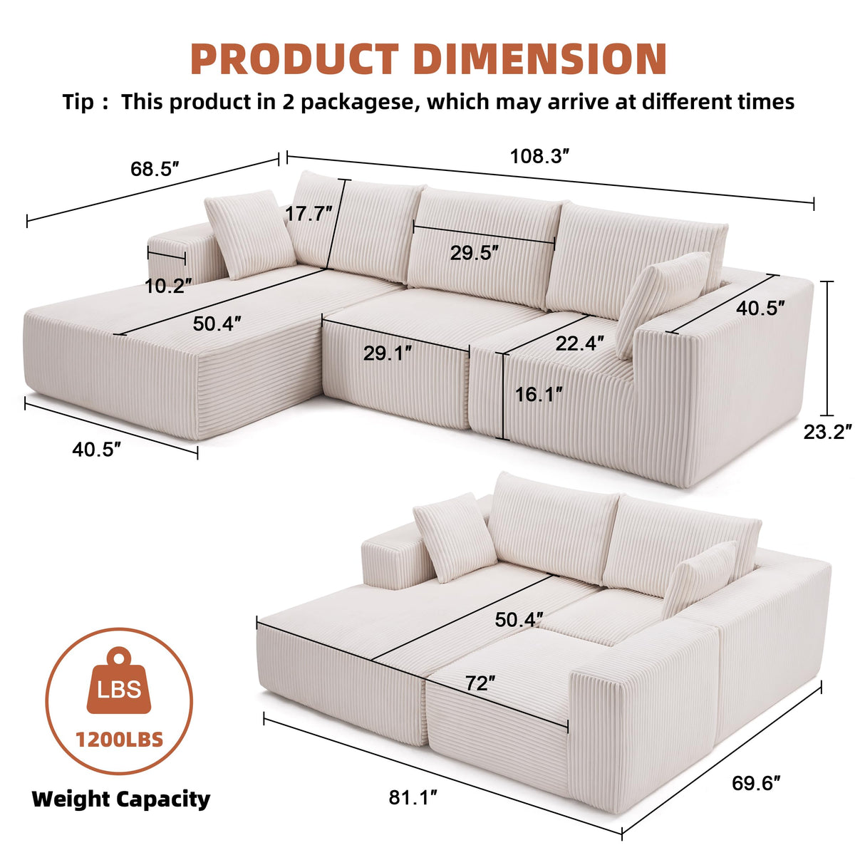 Huatean Home 108” Modular Sectional Sofa, Sponge Sectional Sofa Couch for Living Room, Modular L-Shape Sofa Couch with Chaise, Ivory Huatean Home