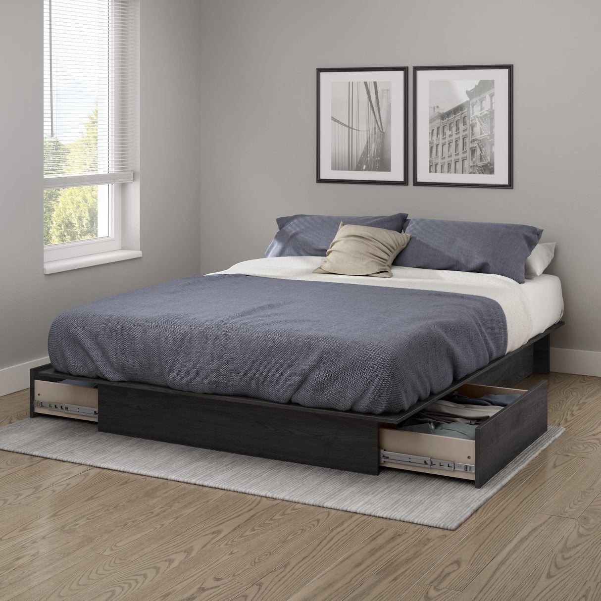 Step One Low Profile Platform Bed in Gray Oak with Underbed Storage South Shore