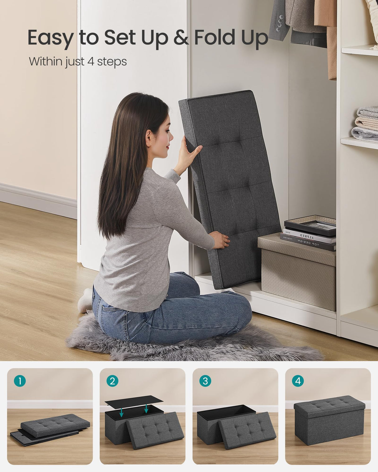 SONGMICS MAZIE Collection - 30 Inches Folding Storage Ottoman Bench, Ottoman Foot Rest, End of Bed Bench, Storage Chest, Load 660 lb, for Living Room, Bedroom, Entryway, Dark Gray ULSF47K SONGMICS