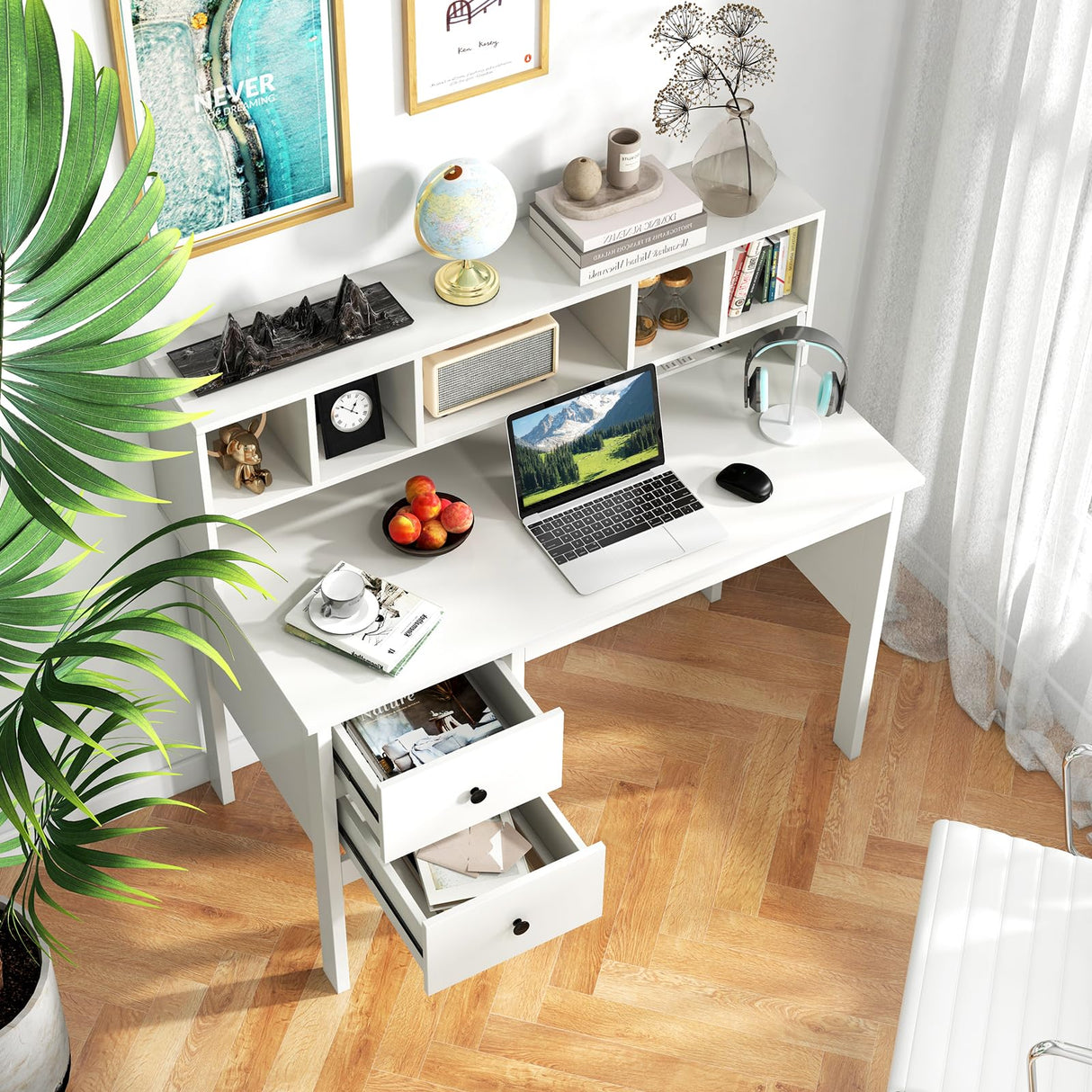 GLOBALWAY48” Computer Desk, Study Writing Desk with 5-Cube Hutch, 2 Drawers & Charging Station, Home Office Workstation for Living Room, Study & Bedroom, White Giantex