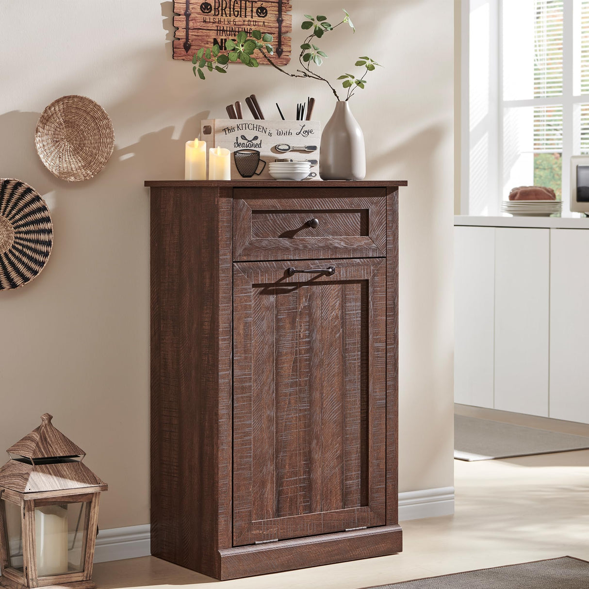 IFGET Tilt Out Trash Can Cabinet, Dog Proof Trash Can Cabinet, Farmhouse Hidden Laundry Hamper Cabinet with Barn Door, 10 Gallon Garbage Can Bin Cabinet with Storage Basket for Kitchen (Brown) IFGET