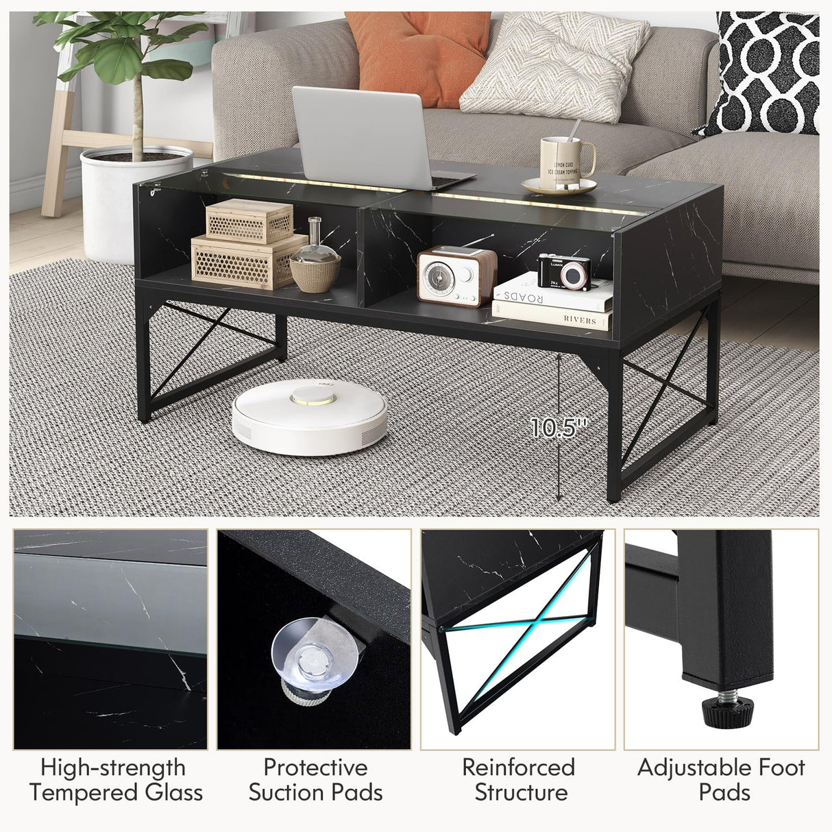 Giantex LED Coffee Table, High Gloss Coffee Tables with 4 Storage Cubes, 20-Color Lights, Remote Control, Faux Marble & Tempered Glass Top, Modern Accent Rectangle Center Table for Living Room (Black) Giantex
