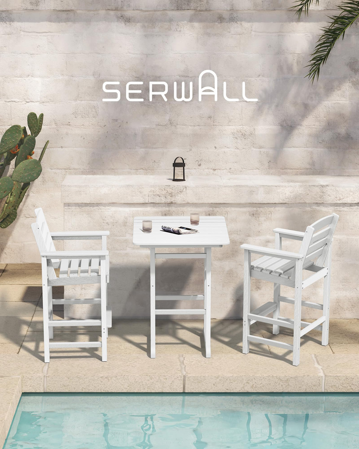 SERWALL Tall Adirondack Bar Chairs and Table 3 Pieces Set, Adirondack Bar Height Chairs Set of 2 and Bar Table, Outdoor Bar Stools Set for Bistro, Poolside, Backyard, White SERWALL