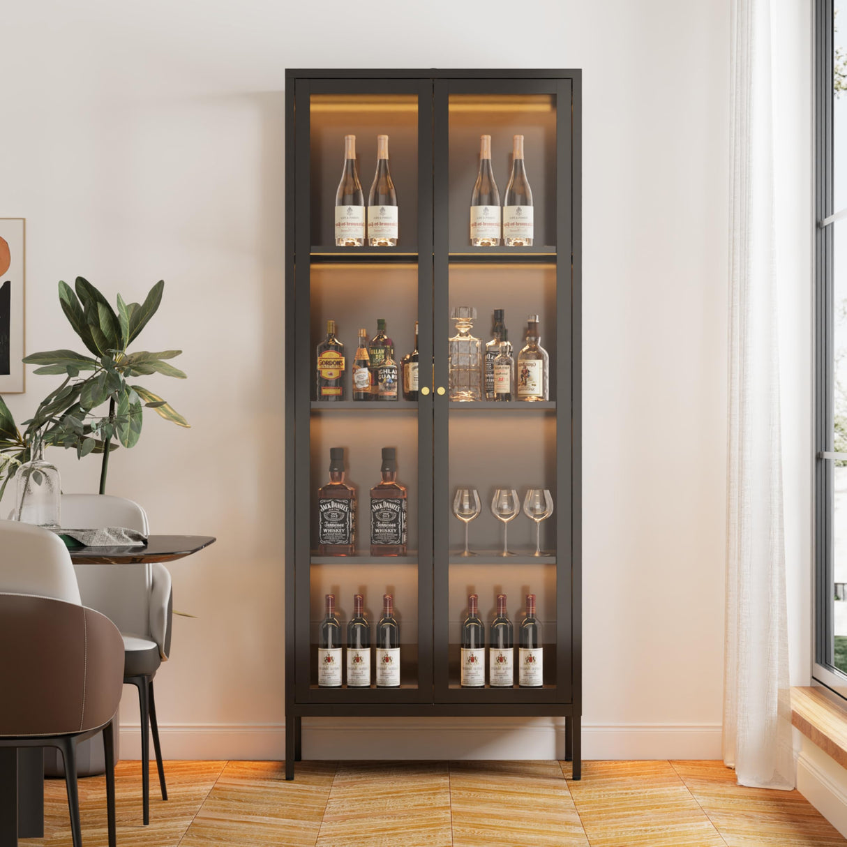 Glass Display Cabinet with LED Lights, Black Curio Glass Showcase, 66" Tall Metal Storage Cabinet with Doors and Adjustable Shelves, 3 Color Lighted Display Case for Living Room, Home Office, Pantry MetalMax