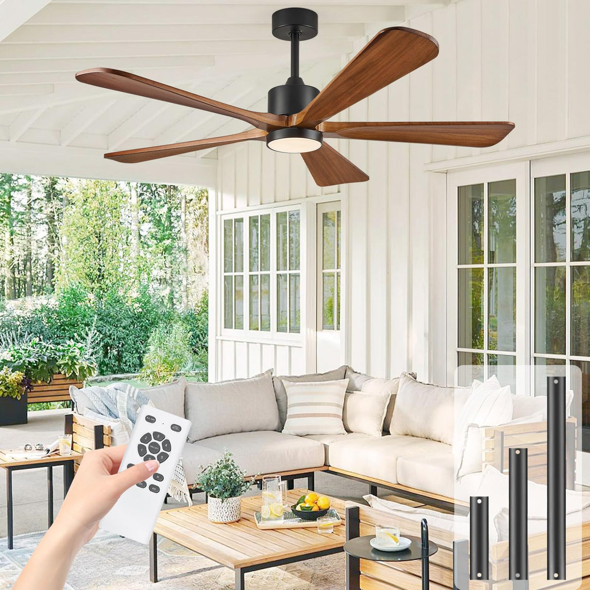 BOOSANT 5 Blade Ceiling Fans with Lights, 60 inch Outdoor Ceiling Fans with Remote Control for Patio Bedroom, Modern Ceiling Fan with Light, 5 Solid Wood Blades 6-Speed Reversible DC Motor(Walnut) BOOSANT