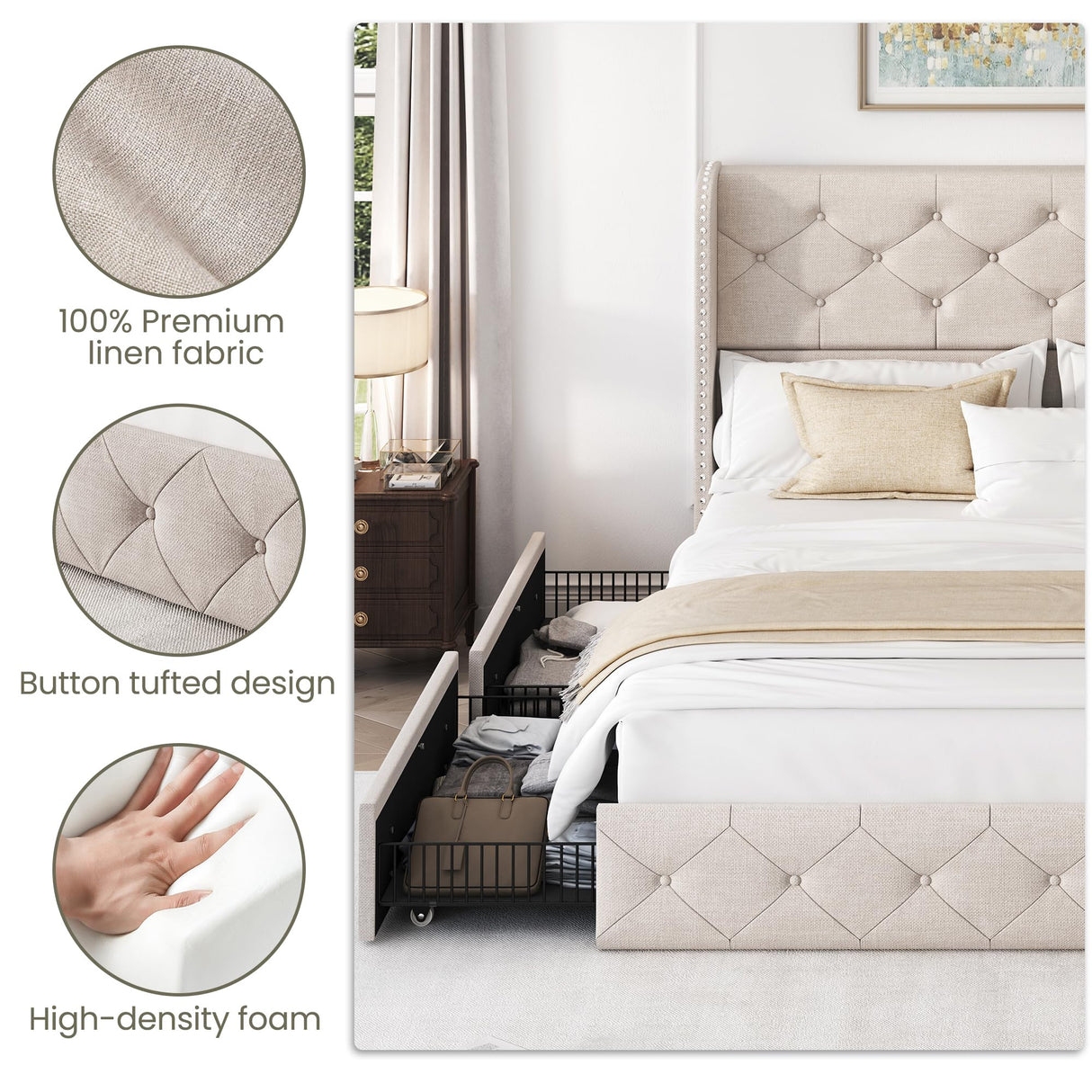 LARMACE Full Size Bed Frame with 4 Storage Drawers and Wingback Headboard Linen Upholstered Platform Bed Frame Tufted Beds with Wooden Slats Support, Easy Assembly, Beige LARMACE
