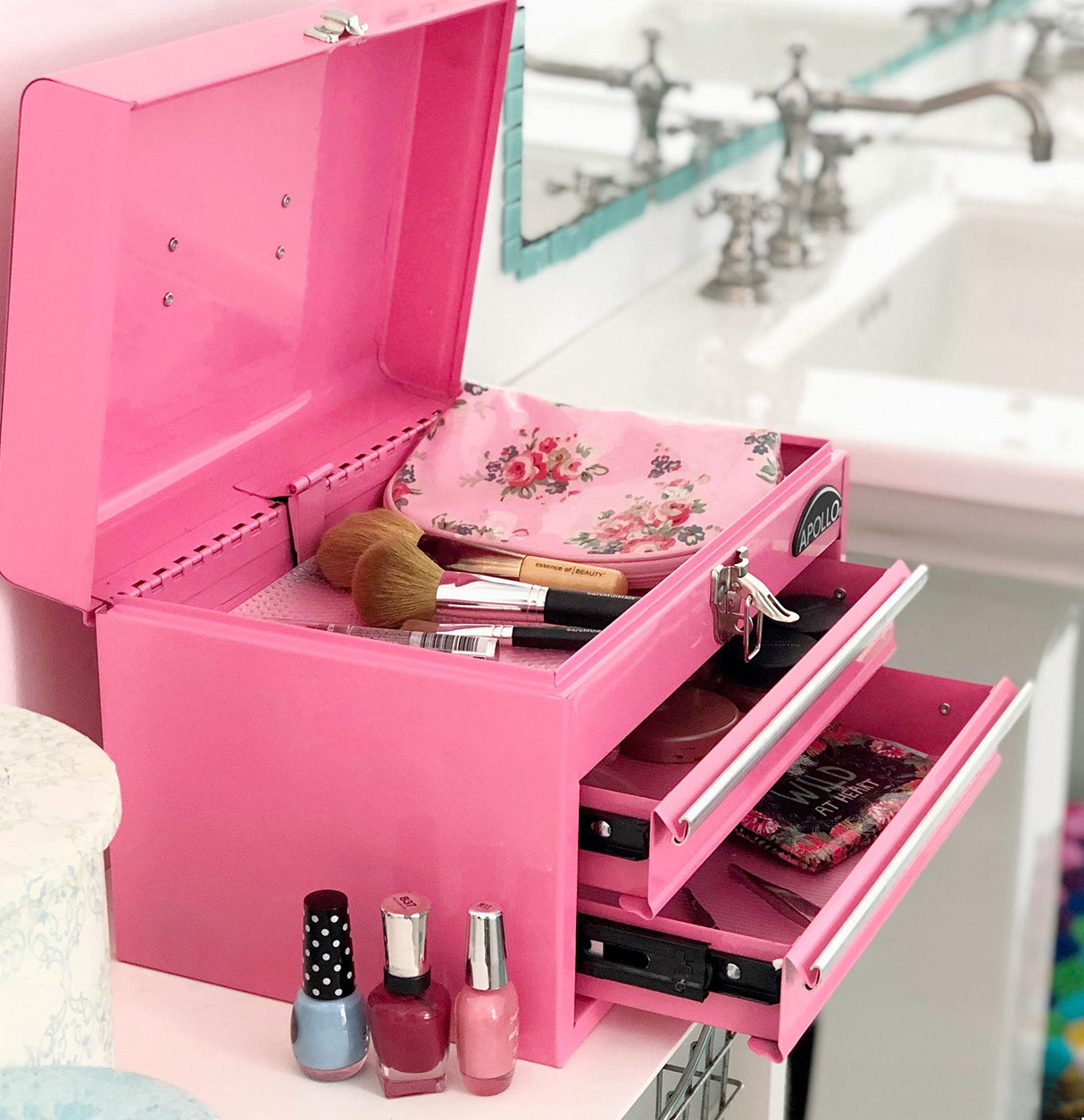 Apollo Tools 14 Inch Steel Tool Box with Deep Top Compartment and 2 Drawers in Heavy-Duty Steel With Ball Bearing Opening and Powder Coated Finish - Pink Ribbon - Pink - DT5010P Apollo