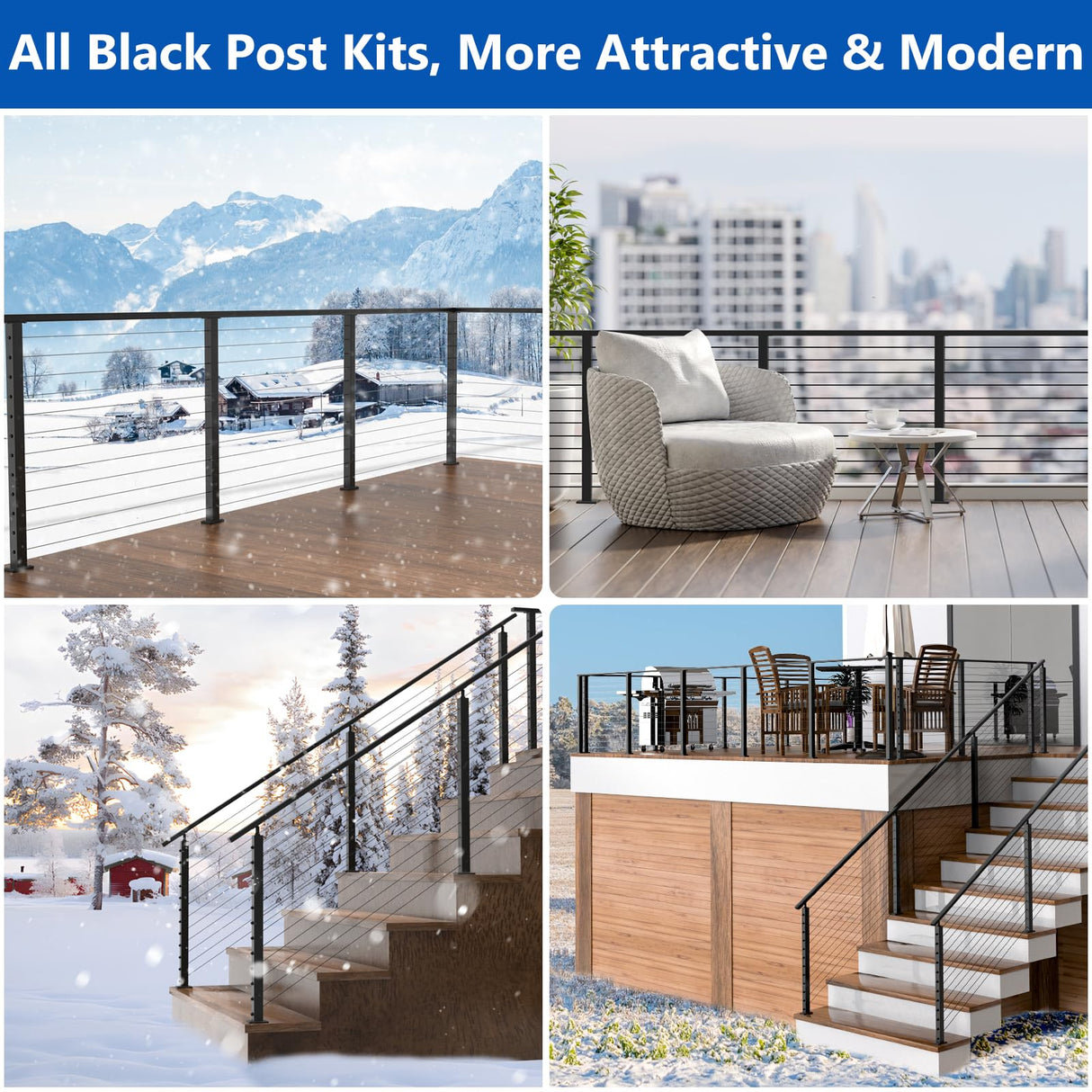 Zylorix 42" One-Stop All Black Cable Railing System Post Kit for Decks(Super Easy DIY), Include 3Pack Stair Posts for 25-35°Stairway, Complete Invisible Cable Railing Kit 1/8" with Cutter(No Handrail) Zylorix