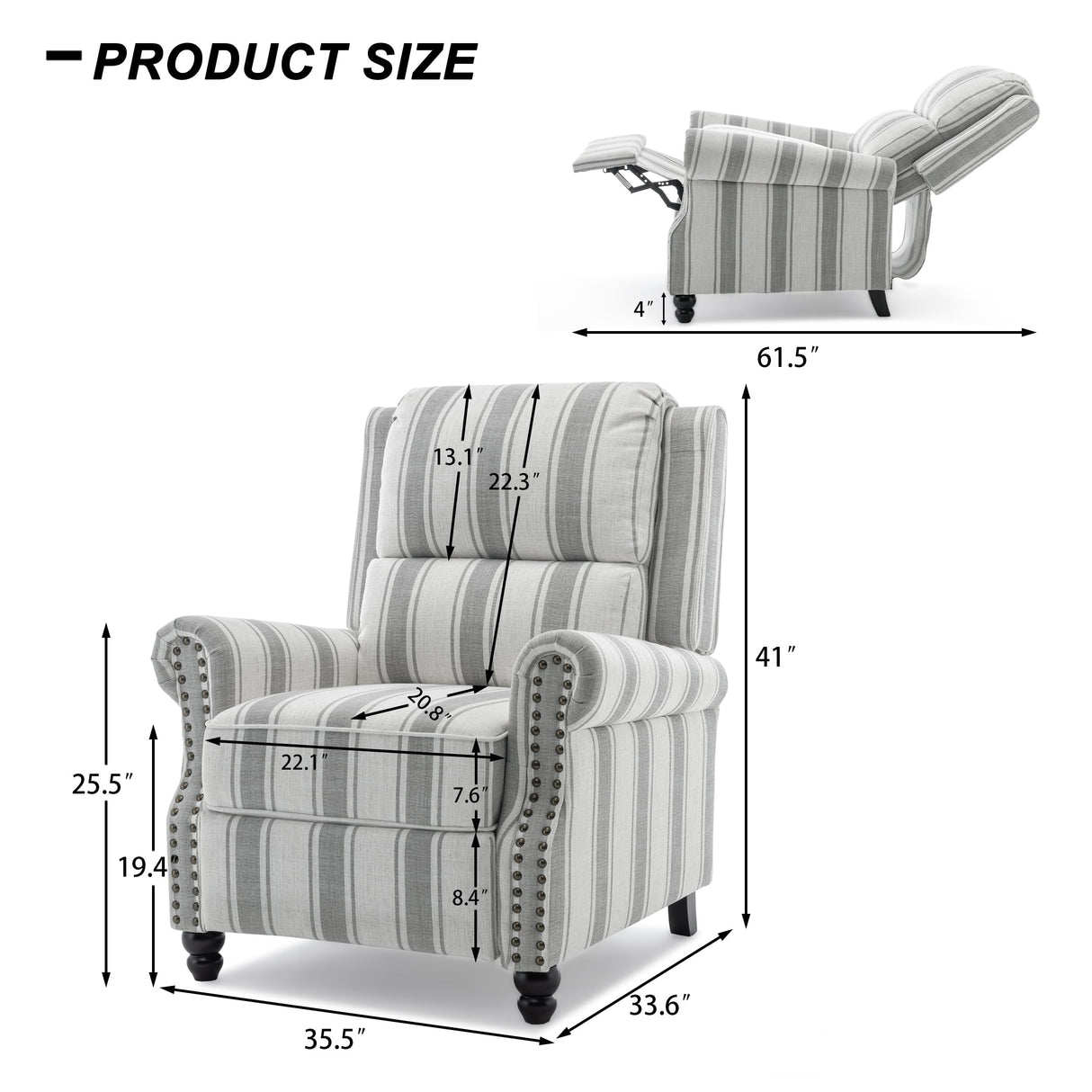 DREAMSIDEA Recliner Chair, Modern Pushback Armchair with Adjustable Backrest & Footrest for Bedroom, Living Room-Grey Stripe,1 SEAT DREAMSIDEA