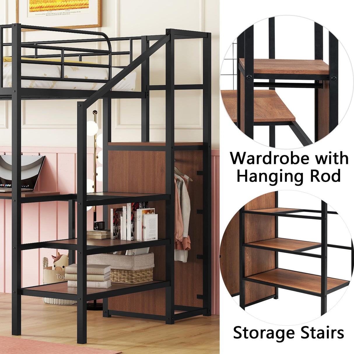Full Size Loft Bed with Desk and Storage Wardrobe, Heavy Duty Loft Bed with Stairs and Metal Grid, Full Size Loft Bed for Kids, Girls, Boys, No Box Spring Needed (Black Wardrobe, Full) Bellemave
