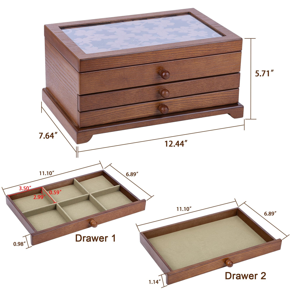 Kendal Wooden Jewelry Box for Women, Real Wooden Jewelry Holder Organizer Box with Four Leaf Clover Patterns, Graduation Gift Jewelry Boxes for Storage Earrings Rings Bracelet, Ideal Gift for Mom Kendal