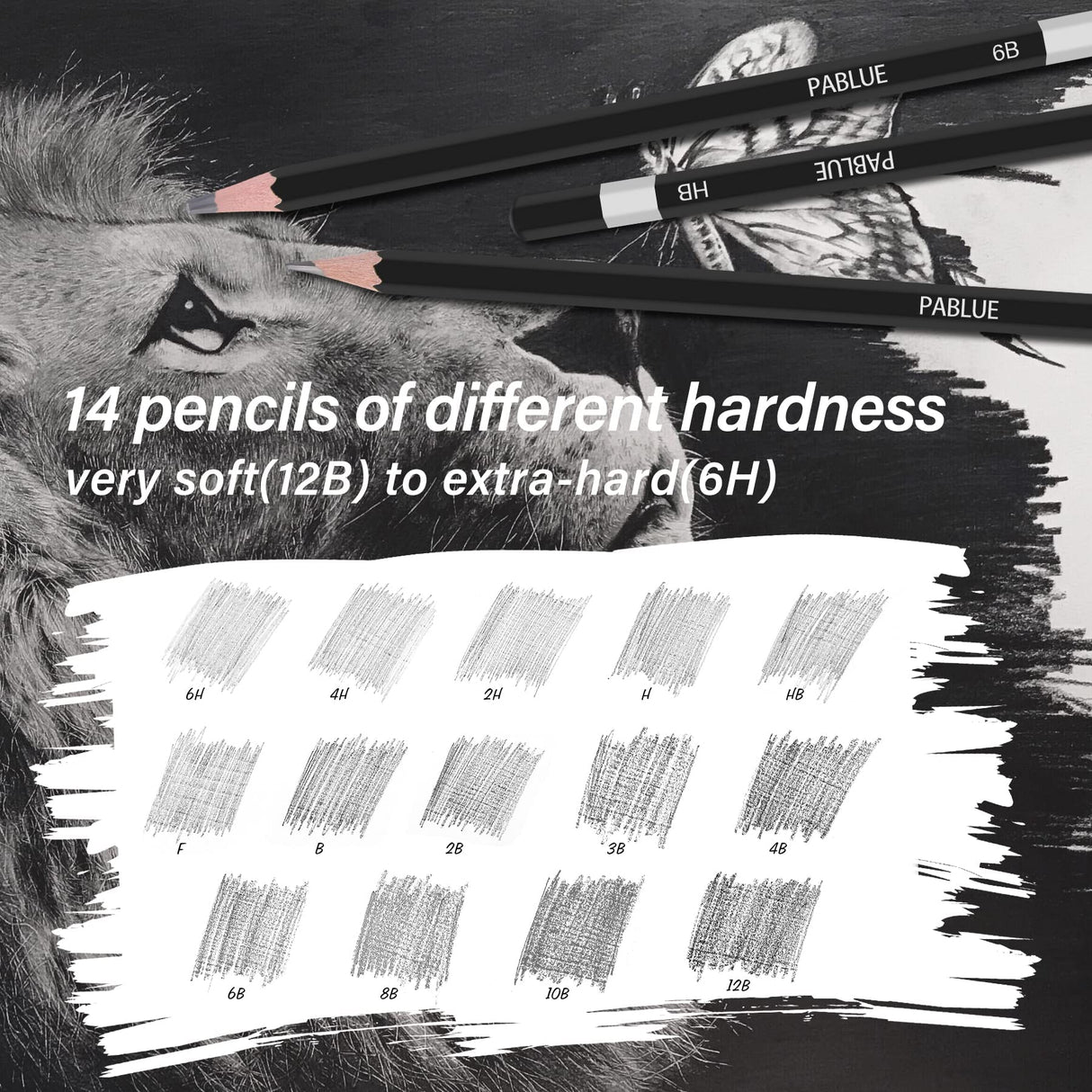 PABLUE Professional Triangular Drawing Sketching Pencil Set,6H,4H,2H,H,HB,F,B,2B,3B,4B,6B,8B,10B,12B Graphite Shading Pencils for Beginners,ProArtists,Drawing,Drafting,Sketching,Shading(14 Pcs) PABLUE