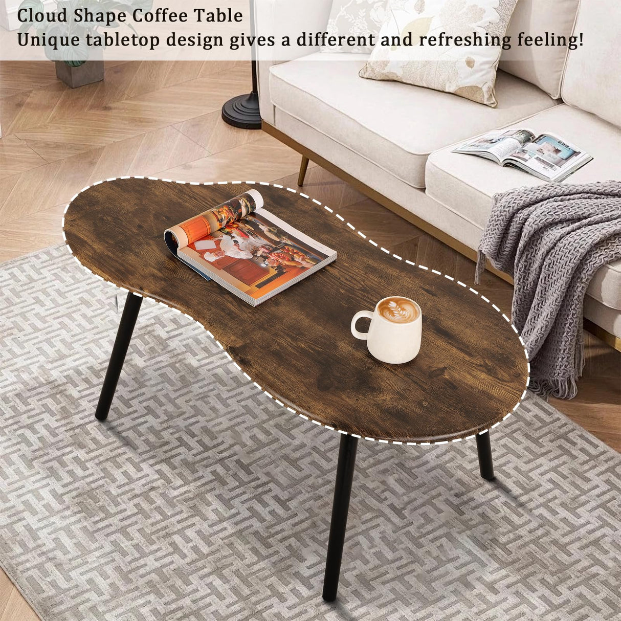 FEUFOAM Small Coffee Table Cloud Shape Coffee Table Industrial Coffee Tables Wood Irregular Center Floor Tables Mid Century Style Decorative Furniture for Living Room Small Spaces Office