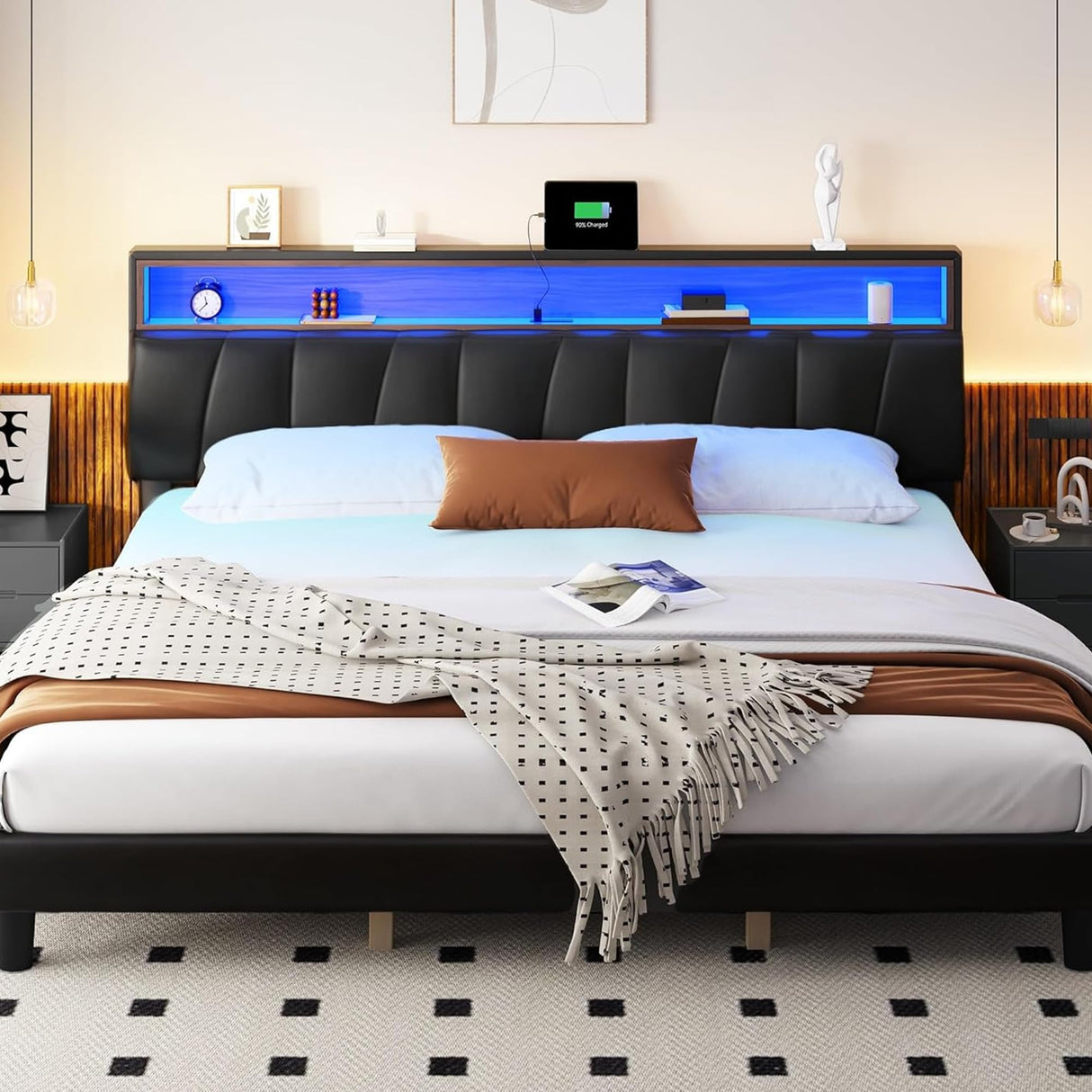 YITAHOME King Size Bed Frame, LED Bed Frame with Storage Upholstered Headboard, Platform Bed with Outlet & USB Ports, No Box Spring Needed, Easy Assembly, Black YITAHOME