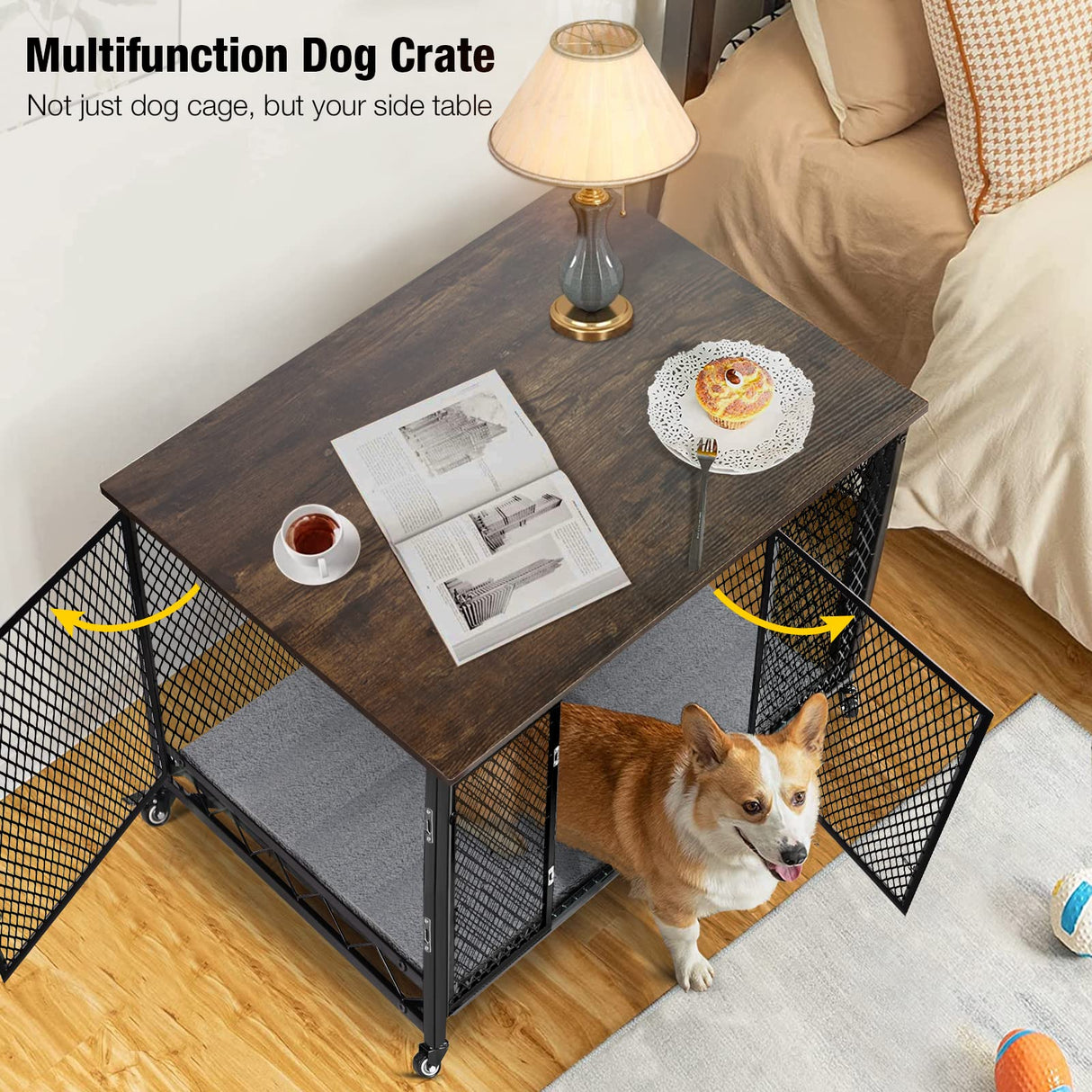 Aivituvin Dog Crate Furniture Movable Side End Table Indoor Dog Kennel for Small Medium Large Dogs Double-Doors Wooden Dog House with Cushion, Tray, Wire Floor(38.6") Aivituvin