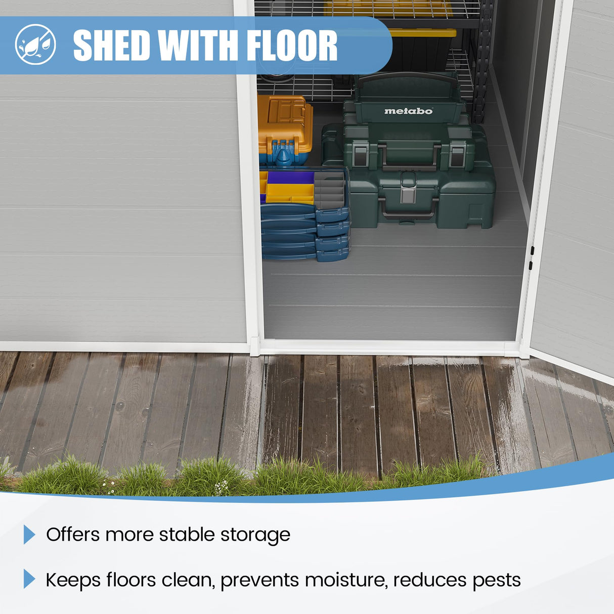 VONZOY Outdoor Storage Shed, 6x6 FT Resin Shed with Floor and Lockable Door, Window & Vents, Tool Sheds & Outdoor Storage for Bike, Garden Accessories, Tools, Waterproof (Grey & White) VONZOY