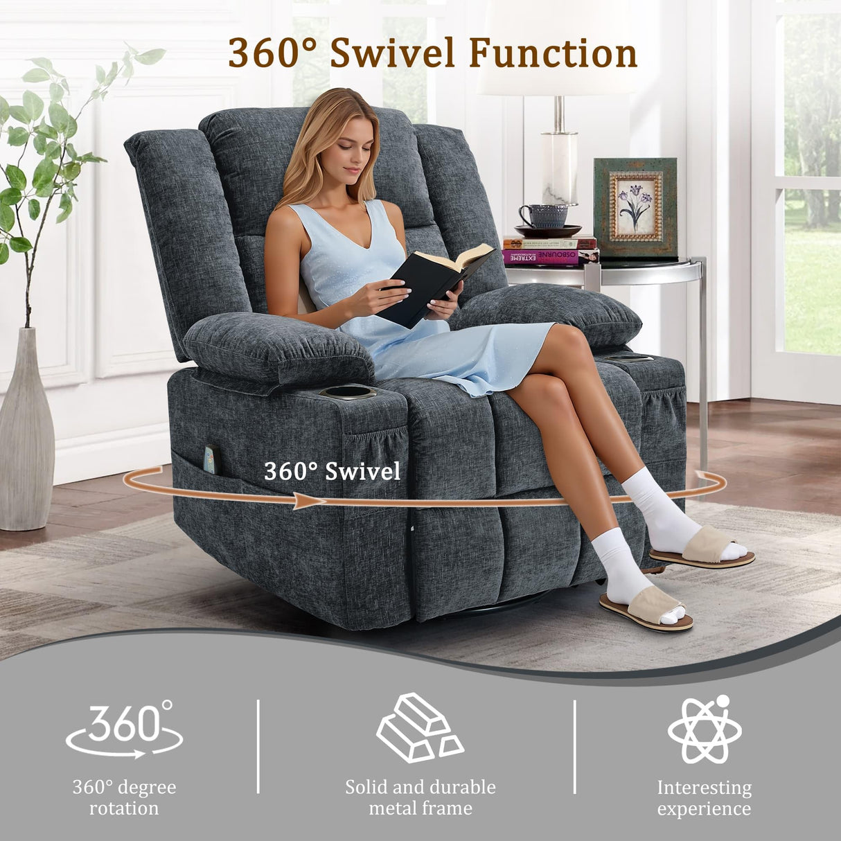 Korser 360° Swivel Rocker Recliner for Adults, Nursery Glider Recliner with Massage and Heating, Rocking Chair with Cup Holder, Manual Recliner Chair for Living Room, Bedroom (Fabric, Dark Gray) Korser