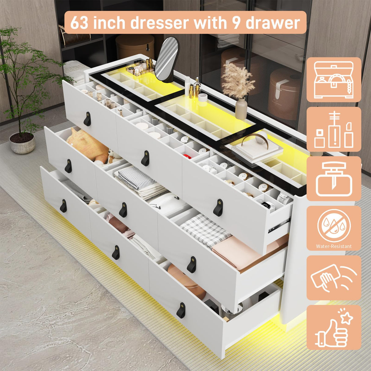 jiteentarou 63 Inch Dresser with Jewelry Drawers & Glass Top, Modern Chest of Drawers with LED Light, Closet Island, Leather Handle, Arc Design, White jiteentarou