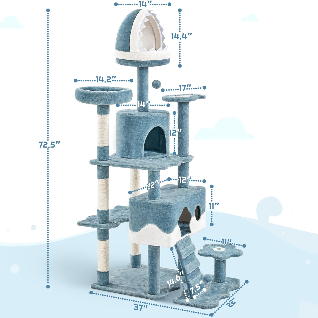 Yaheetech Cat Tree, 72.5inch Ocean-Themed Cat Tree Tower, Multi-Level Large Cat Tree for Indoor Cats with Shark's Mouth Bed & 2 Big Condos & 2 Wide Perches & Funny Toys, Blue & White Yaheetech
